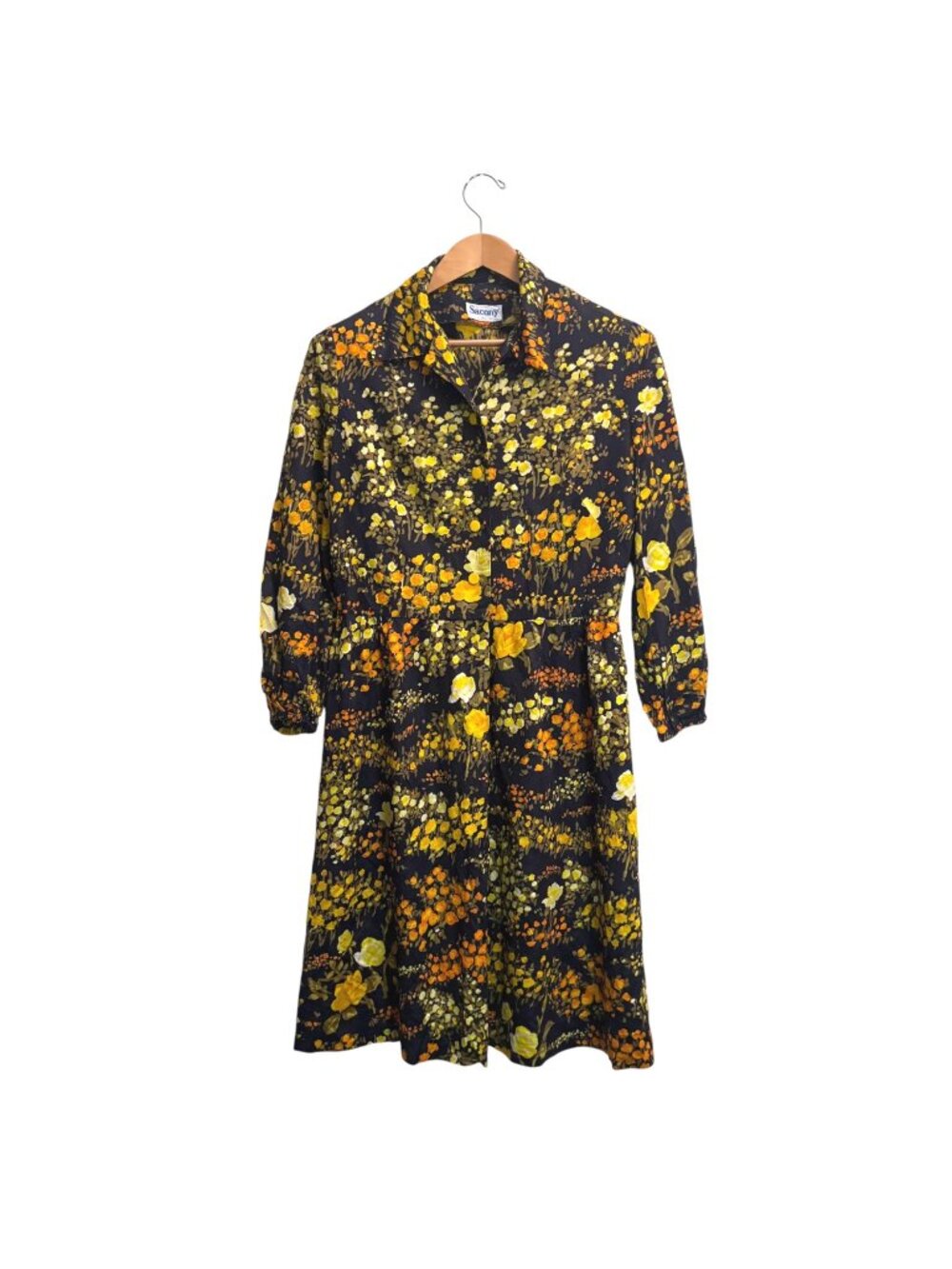 Vintage 60s 70s Sacony Ciella Floral Print Shirt Dress L Mod A-Line Secretary